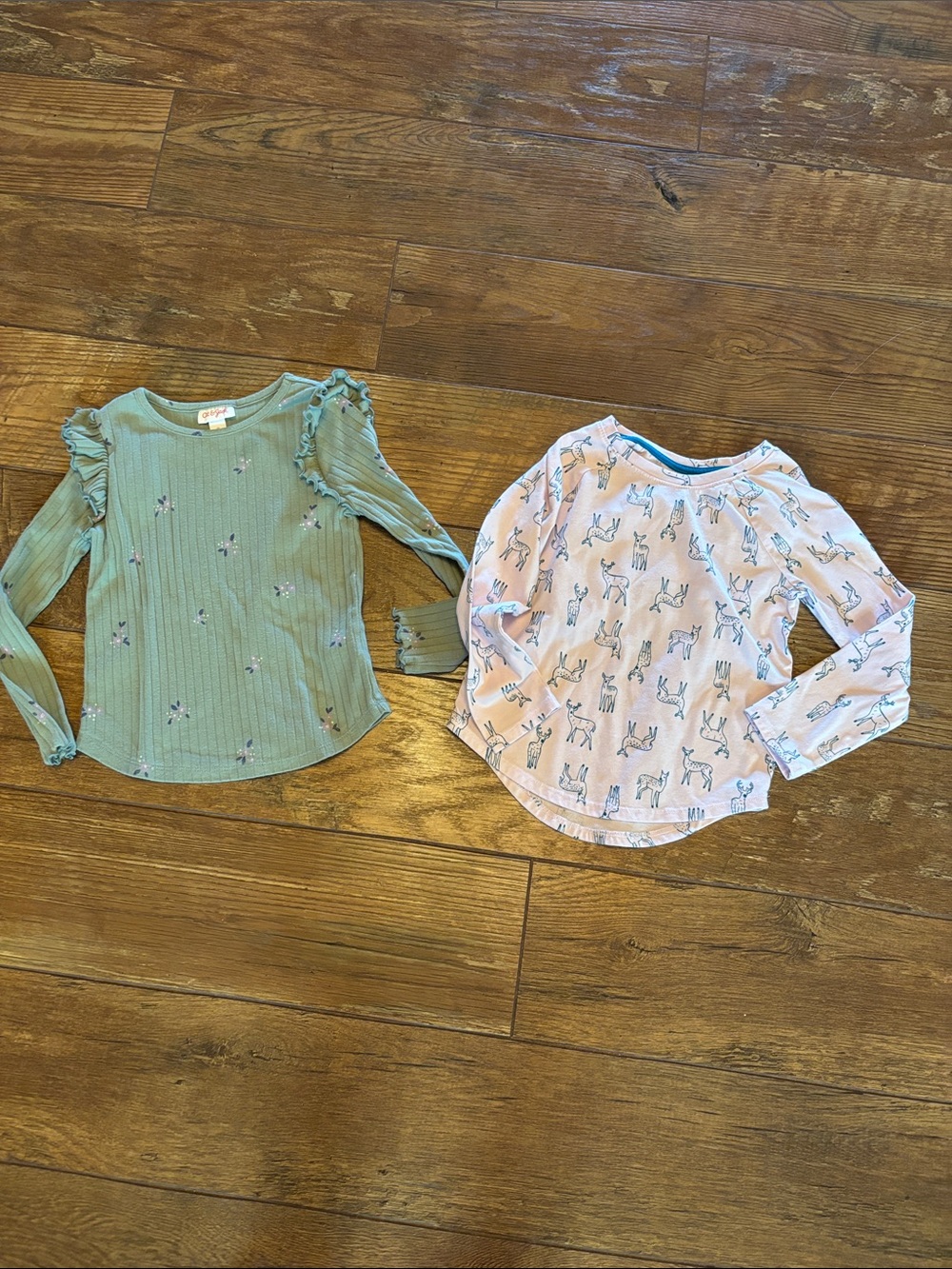 Cat & Jack Girls' Long-Sleeve Tops - Mint Green Floral & Light Pink Deer Print